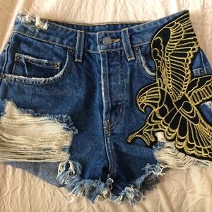 Gold Bird Embellished Denim Shorts